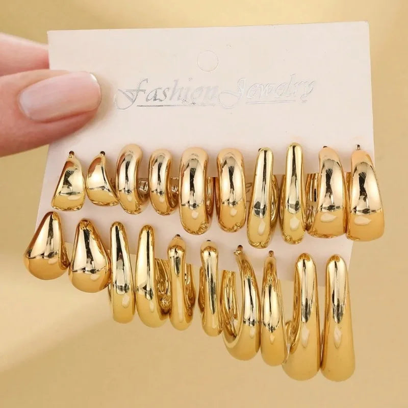 10 Pieces/set of New Irregularly Shaped ABS Acrylic Gold CCB Lightweight Earring Set, C-shaped and Teardrop Shaped